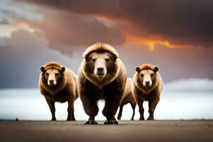 drie bruin bears wandelen in voorkant van een donker lucht. ai-gegenereerd foto