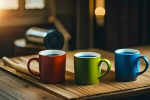 drie kleurrijk koffie mokken Aan een houten tafel. ai-gegenereerd foto