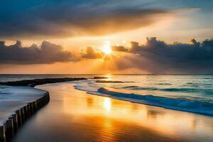 de zon is instelling over- de oceaan en de strand. ai-gegenereerd foto