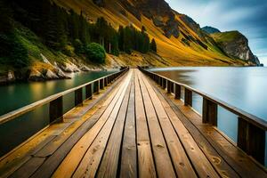 een lang houten brug over- een meer. ai-gegenereerd foto