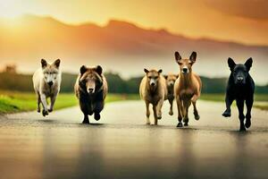 een groep van dieren rennen Aan een weg. ai-gegenereerd foto