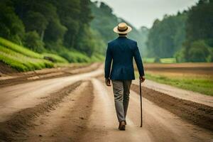 een Mens in een pak en hoed wandelen naar beneden een aarde weg. ai-gegenereerd foto