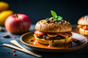 een Hamburger met vlees en groenten Aan een bord. ai-gegenereerd foto