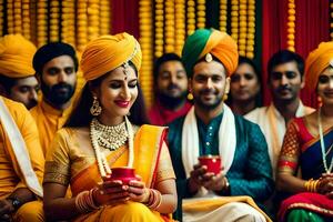 Indisch bruiloft ceremonie met bruid en bruidegom. ai-gegenereerd foto