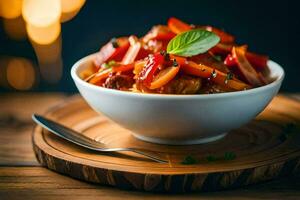 een kom van voedsel met paprika's en tomaten. ai-gegenereerd foto