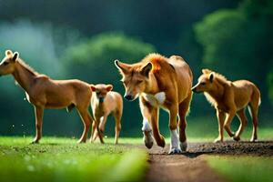 een groep van wild paarden wandelen Aan een pad. ai-gegenereerd foto