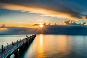 een pier met een zon instelling over- de water. ai-gegenereerd foto