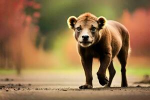 een baby leeuw wandelen Aan een weg in voorkant van een Woud. ai-gegenereerd foto