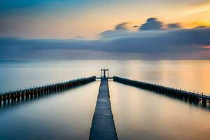 lang blootstelling fotograaf van een pier Bij zonsondergang. ai-gegenereerd foto