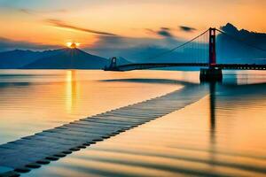 een brug overspannende over- water Bij zonsondergang. ai-gegenereerd foto