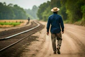 een Mens in een hoed wandelingen naar beneden een aarde weg. ai-gegenereerd foto