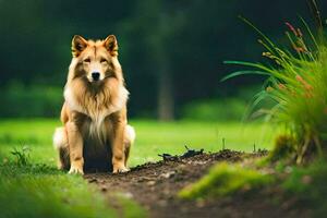 een hond zittend Aan de grond in de gras. ai-gegenereerd foto