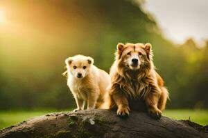 twee honden zittend Aan een rots in de gras. ai-gegenereerd foto