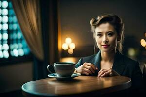 een vrouw in een pak zit Bij een tafel met een kop van koffie. ai-gegenereerd foto