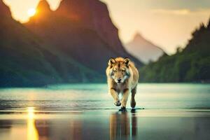 foto behang de lucht, water, bergen, wolf, de zon, de wolf, de wolf. ai-gegenereerd