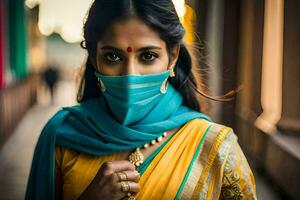 een vrouw vervelend een sari en een blauw sjaal. ai-gegenereerd foto