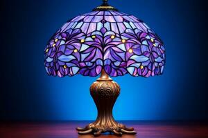 tiffany stijl gebrandschilderd glas tafel lamp gloeiend geïsoleerd Aan een Purper helling achtergrond foto