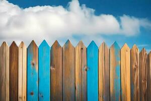 een houten hek met blauw en bruin verf. ai-gegenereerd foto