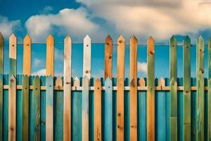 een houten hek met blauw lucht en wolken. ai-gegenereerd foto