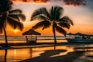 een boot zit Aan de strand Bij zonsondergang met palm bomen. ai-gegenereerd foto
