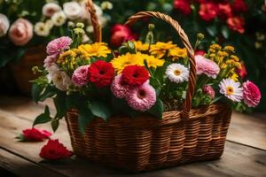 een mand gevulde met bloemen Aan een houten tafel. ai-gegenereerd foto