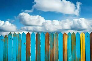 kleurrijk houten hek met blauw lucht en wolken. ai-gegenereerd foto