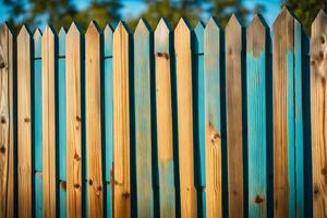 een houten hek met blauw verf Aan het. ai-gegenereerd foto