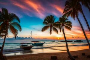 een mooi zonsondergang Aan de strand met palm bomen. ai-gegenereerd foto