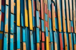 kleurrijk houten muur met veel verschillend gekleurde stukken. ai-gegenereerd foto