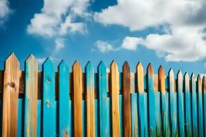 een houten hek met blauw en groen verf. ai-gegenereerd foto