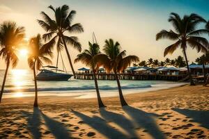 palm bomen Aan de strand Bij zonsondergang. ai-gegenereerd foto