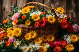 een mand vol van kleurrijk bloemen Aan een houten tafel. ai-gegenereerd foto