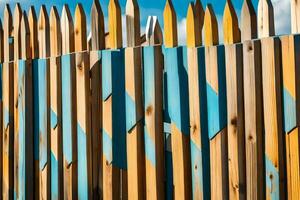 een houten hek met blauw en geel strepen. ai-gegenereerd foto