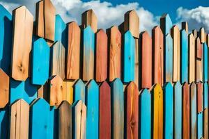 kleurrijk houten hek met blauw lucht en wolken. ai-gegenereerd foto