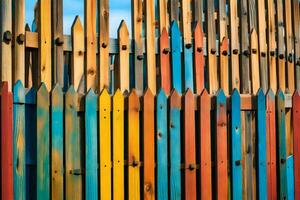 kleurrijk houten hek met veel verschillend gekleurde posten. ai-gegenereerd foto