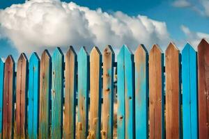 een houten hek met blauw, groen en bruin verf. ai-gegenereerd foto