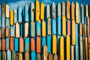 kleurrijk houten hek met veel verschillend gekleurde stukken. ai-gegenereerd foto