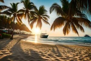 de zon sets Aan de strand met palm bomen en boten. ai-gegenereerd foto
