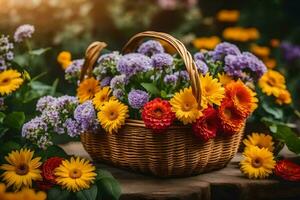 een mand vol van kleurrijk bloemen Aan een houten tafel. ai-gegenereerd foto