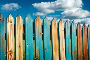 een houten hek met blauw verf Aan het. ai-gegenereerd foto