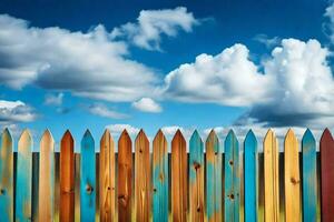 een houten hek met blauw lucht en wolken in de achtergrond. ai-gegenereerd foto