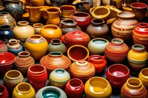 een groot verzameling van kleurrijk pottenbakkerij vazen. ai-gegenereerd foto