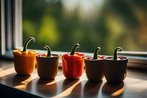 vijf kleurrijk paprika's zijn bekleed omhoog Aan een venster dorpel. ai-gegenereerd foto