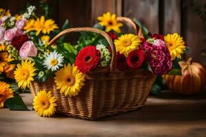 een mand met bloemen Aan een houten tafel. ai-gegenereerd foto