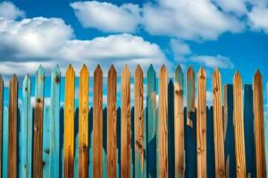 een houten hek met blauw lucht en wolken in de achtergrond. ai-gegenereerd foto