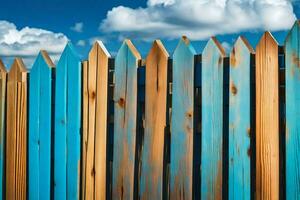 een houten hek met blauw en bruin verf. ai-gegenereerd foto