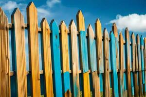 een houten hek met blauw lucht en blauw lucht. ai-gegenereerd foto