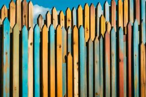 kleurrijk houten hek met blauw lucht achtergrond. ai-gegenereerd foto