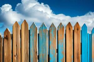 een houten hek met blauw en bruin verf. ai-gegenereerd foto