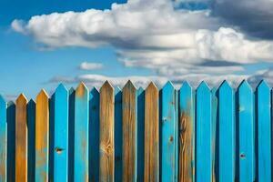 blauw houten hek met een blauw lucht en wolken. ai-gegenereerd foto